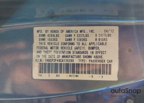 2012 Honda Accord 2.4 Lx-P из США, поврежденный, VIN 1HGCP2F48CA139288